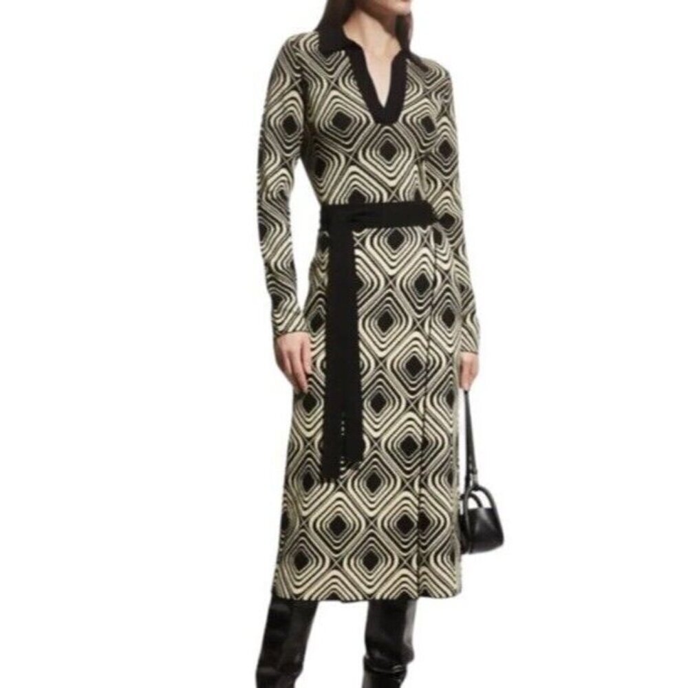 Tanya Taylor Sz M Set Skirt Sweater Geometric Merino V-Neck Midi Luxury Fall